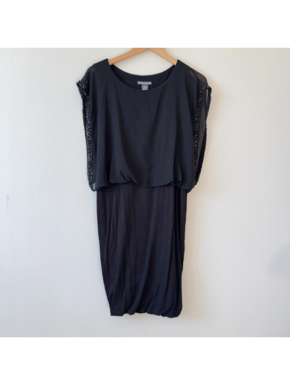 Chelsea Theodore Black Bubble Hem Dress Chiffon Beaded Trim Blouson Size L